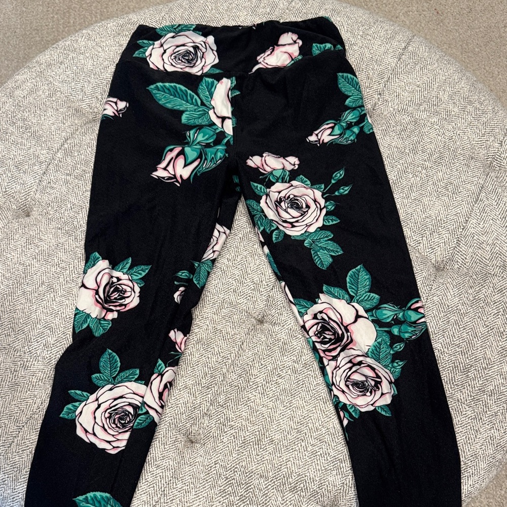 LuLaRoe Black Leggings with Pink Floral Design